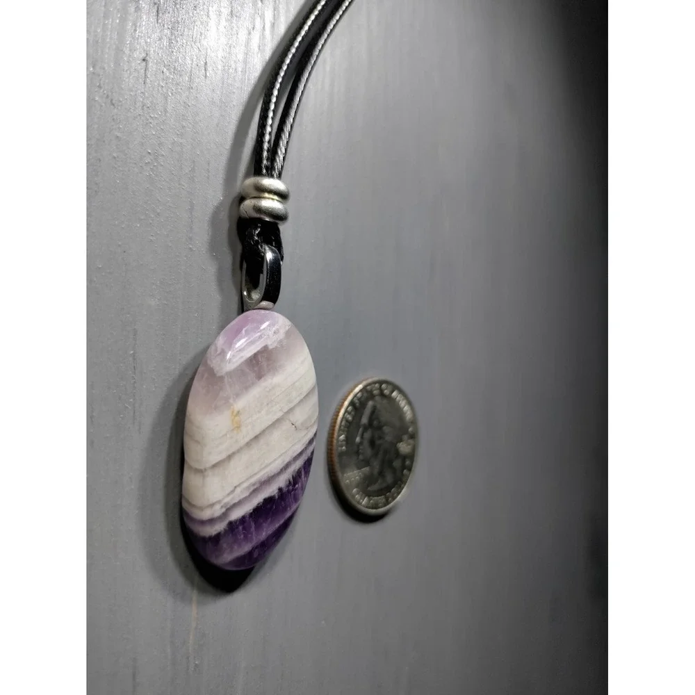 TrailerSpark Banded Amethyst Pendant Necklace 18in Black Waxed Cord Break Away